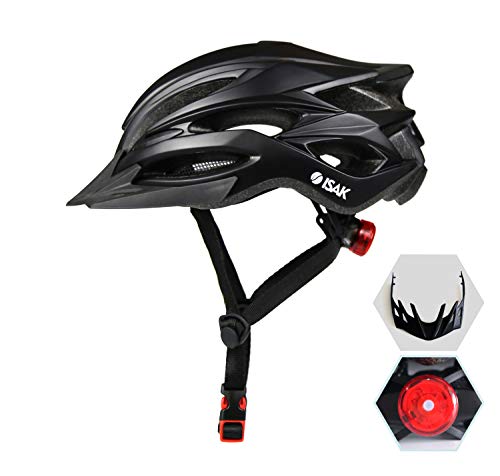 ISAK 自転車用 ヘルメット 安全 超軽量 磨き砂質感 サイクルヘルメット スポーツヘルメット LED安全ライト/パラソル付き 自転車ヘルメット【衝撃吸収/安全/通勤/通学/サイクリング】 56-62cm調整可能 大人用 (Black)