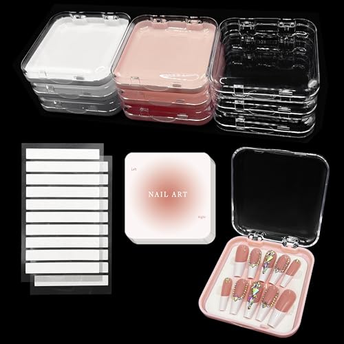 Qsnidy 9 Pcs Press On Nail Storage Box in 3 Colors, Acrylic Fake Nail Case with 9 Display Cards and 2 Sheets of Double-Sided Adhesive Tape (20 Strips) for Nail Art Home Salon Packaging Use