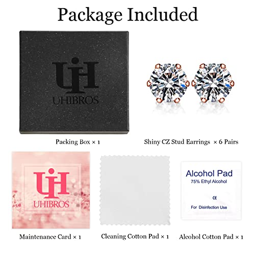 Uhibros Cubic Zirconia Earrings Studs For Women, 6 Pairs Hypoallergenic 316L Stainless Steel Stud Earrings Set 14K Gold Plated Multipack Cz Rose Gold Earrings For Mens 3-8Mm #TOP5