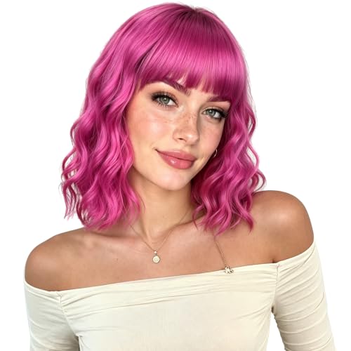 Short Bob Wig for Women with Air Bangs 12 Inch Hot Pink Wavy Synthetic Wig