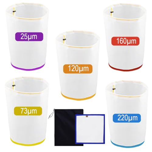 5 Stück 5 Gallonen Mesh Bubble Bags, Bubble Bag Hash Sieb für Sustainable Filtration of Herbal Extracts, Presssieb und Aufbewahrungsbeutel Kit für Kräuterextraktion und Produktion(25 to 220-Mikron)
