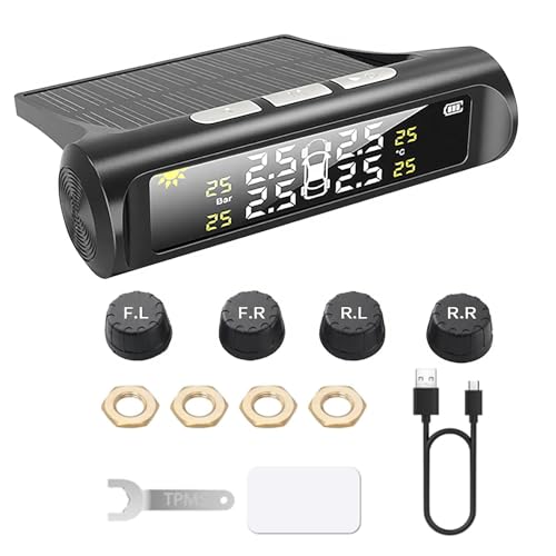 FormiPow TPMS Sistema de monitoreo de presión de neumáticos, Solar Alarma de Auto inalámbrica Universal Parabrisas con 4 Sensores externos, Monitor de Presión en Tiempo Real con pantalla Digital