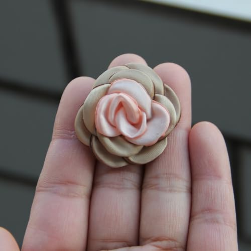 Satin Rose Fabric Artificial Flowers, 1.57 Inch, for Wedding Dress Decoration, DIY Hair Accessory, Multiple Colors (10Pcs Khaki)
