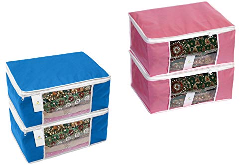 HomeStrap Non Woven Storage Bag/Organiser/Saree Cover with Window - Pink & Blue - set of 4