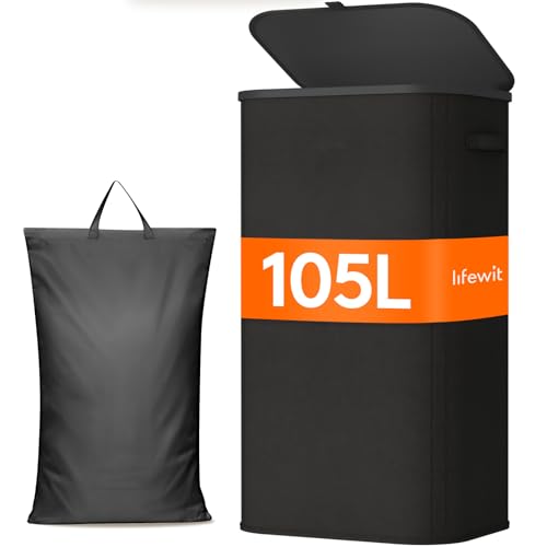 Lifewit Wäschekorb mit Deckel 105L Wäschesammler mit Kunststoffrahmen faltbarer großer Wäschesortierer Wäschekörbe für Schlafzimmer Bad Schwarz