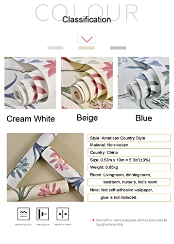 10X0.53M Blue American Country Flowers Birds Butterfly Textured Non-Woven Wallpaper Roll for Bedroom Livingroom 1.73' W x 32.8' L=5.3㎡ (57sq.ft) … - Image 2