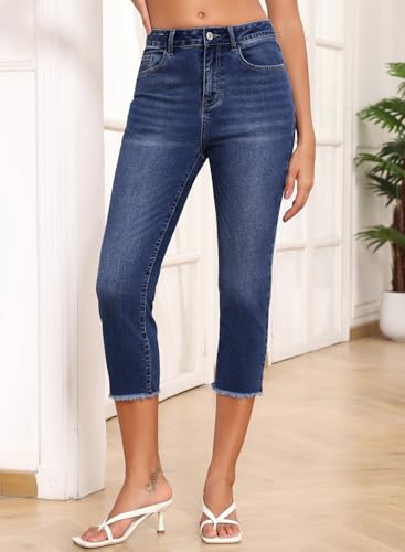 Image of Sidefeel Women's High Waisted Straight Leg Jeans Capri Denim Pants