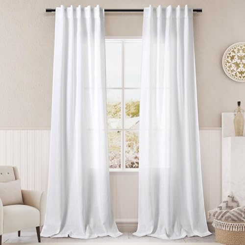 Image of Nanspring White Linen Curtains for Living Room 84 inches Long 2 Panels Set Pure White Semi Sheer Curtains Back Tab Rod Pocket Modern Farmhouse Decor Elegant Curtains 34 X 84,2 Panels