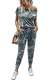 PRETTYGARDEN Women's Loose Solid Off Shoulder Elastic Waist Stretchy Long Romper Jumpsuit (Green Camo,Medium)