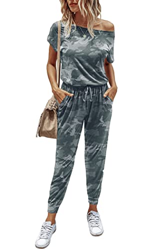 Image of PRETTYGARDEN Jumpsuits for Women Summer Off Shoulder Romper | Short Sleeve Drawstring Waist, Jogger Jumpers with Pockets, One Piece Spring Break Outfits, Vacation Travel Lounge Clothes