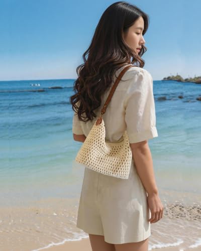 Image of Ulisty Women Small Cotton Crochet String Bag Handwoven Summer Beach Bag Knitted Vacation Shoulder Bag Purse Handbag