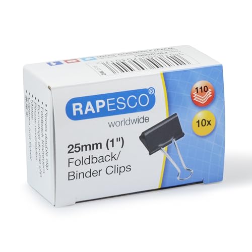 Rapesco FBC250B1 25 mm Foldback Clips, Black, Pack of 10