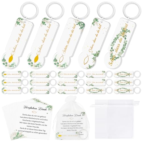Epaing 20 Stück Acryl Einkaufswagenchip Schlüsselanhänger Set, Gastgeschenk Kommunion Deko für Junge Mädchen, Schön Dass Du Da Bist, Eukalyptus Einkaufschip Taufe Geschenk für Kommunion Konfirmation