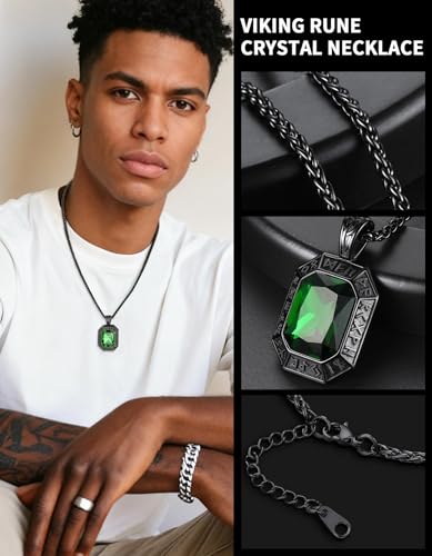 Image of ChainsHouse Viking Rune Pendant Necklace for Men Women, Punk Biker Black Metal /316L Stainless Steel Onyx Norse Vintage Amulet Necklaces with Black /Red /Green /Blue Gemstone, Send Gift Box