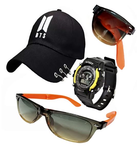Cron BTS Kids Cotton Sports Cap & Sunglass & Watch Summer Gift Hat for Boys & Girls Suitable for Age 5 to 12 Years (Pack of 3) (Black)