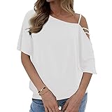 Damen Oberteile, One Shoulder Elegant T Shirt Kurzarm Bluse Einfarbig Oberteile Sommer Shirt Tunika Top(L-Weiß)