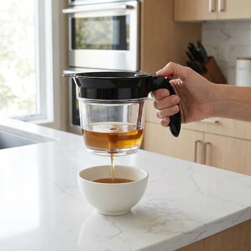 Foto von Fettabscheider für Soßen 1000ml Fetttrennkanne mit Druckauslass Fettkanne Doppelfiltrations Fetttrenner Soßentrenner Suppenölabscheider für Wasser öl Trennung Filtern Speiseresten, PP, Transparent
