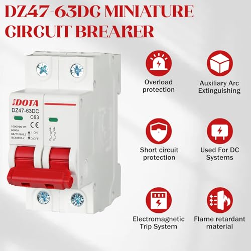 Idota Pv Sicherungsautomat 2pcs, DC 1000V 63A 2 Polig DZ47-C63 DC Trennschalter Pv Anlage, Solar Leitungsschutzschalter, Solar Trennschalter Schutzluftschalter, Schutzschalter für Photovoltaik-Systeme