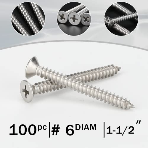 Image of 100 PCS #6X1-1 /2(1.5 inch) Stainless Steel Phillips Flat Head Wood Screws,Stainless Steel 18-8 A2(304) Screw,Home Screw Kit by QISHENG