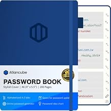 كتاب كلمات المرور مع علامات التبويب من الألف إلى الياء | المسح الضوئي لمولد كلمات المرور عبر الإنترنت | قم بتخزين 500+ تسجيلات دخول بشكل آمن | Compact 4x5.5 | حارس كلمات مرور آمن وعملي باللون الأزرق الداكن