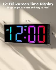 Alampan 12 Large Digital Wall Clock with Remote Control, Corded RGB LED Clock with Full Screen