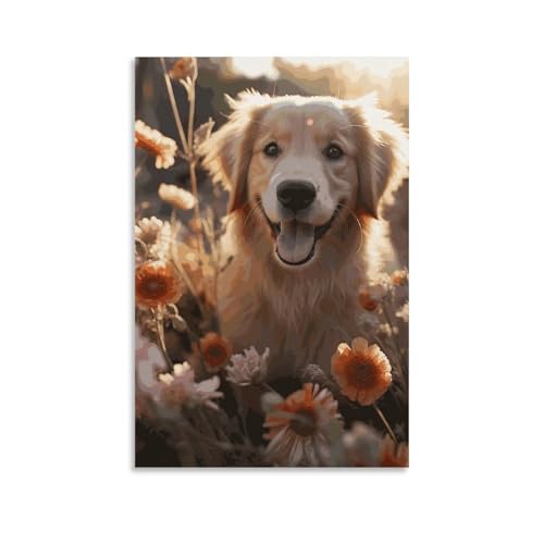 Poster Golden Retriever et fleurs sur toile pour chambre et décoration murale