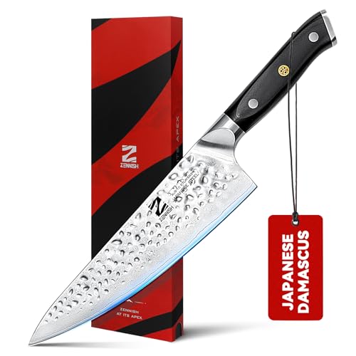 Chef Knife, 8 Inch Japanese AUS-10 67-Layer Kitchen Knife, Damascus Blade, Anti-Stick Hammered, Ergonomic G10 Handle, Professional Meat & Vegetable Cooking Knife, Gift Box