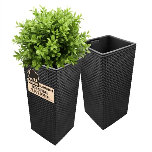 BigDean 2 Stück Blumentopf in Rattan-Optik Pflanzkübel mit Einsatz | 26 5 x 26 5 x 50 cm | anthrazit | wetterfest & UV-beständig | aus robustem Kunststoff | für Innen- und Außenbereich
