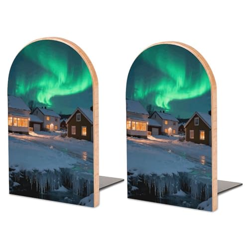 Aurora Nordic Town Large Bookend Hold Heavy Books- 6.7x4.7x3.9in Wood Bookends for Heavy Books Heavy Duty Metal Book Ends for Men Women Wood Book End for Office Desk Non-Skid