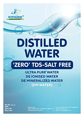 Image of VITSZEE Distilled Water | H2O | Pure Di-Ionized Water, DM Water For multipurpose uses Battery /Inverter, Autoclaving, Cosmetic Reagent water, Lab Scientific (99.9% Pure (0 TDS) 500 ml DISTILLED WATER)