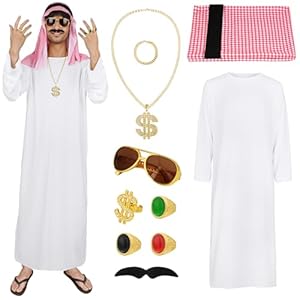 BSBUY Scheich Kostüm Set - Arabisches Gewand mit Kariertem Kopftuch, Brille und Bart - Sheikh Cosplay Outfit für Herren
