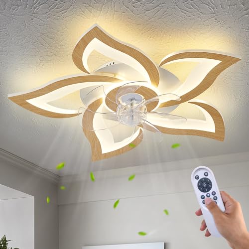 Dalouguan 24" Ceiling Fan with Lights Remote Control, Light Wood Grain Color 6 Speeds 3 Light Color Low Profile Flush Mount Ceiling Fan for Kitchen Bedroom