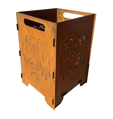 Feuerkorb Motiv Drache 60cm Edelrost Feuerdrache Feuerstelle Feuersäule Feuerschale Feuertonne Kamin Ofen Gartendeko Wetterfest Rost Metall (Feuerkorb...