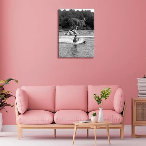 Vintage Water Skiing Show Wall Art,1940s Black And White Photo,Two Water Skiers With American Flag Poster,Coastal House Decor 16x24inch Unframed by Generic - Used condition - Image 4
