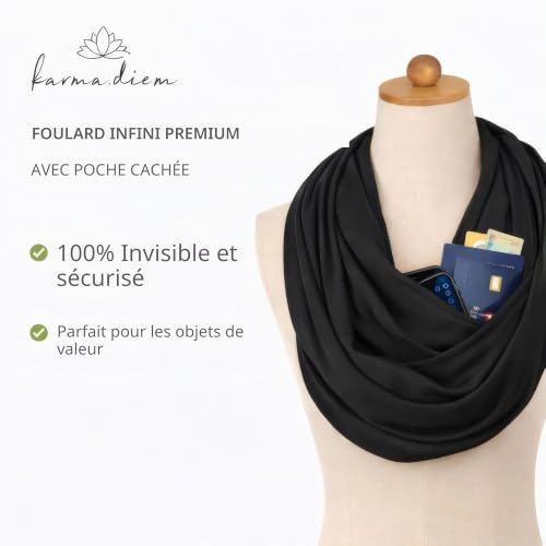KARMA.DIEM Écharpe Infini de Voyage Antivol avec Poche Secrète Zippée – Sécurise Passeport, Smartphone et Argent – Tour de Cou Doux et Léger – Unisexe Homme et Femme (Beige) – vue 2