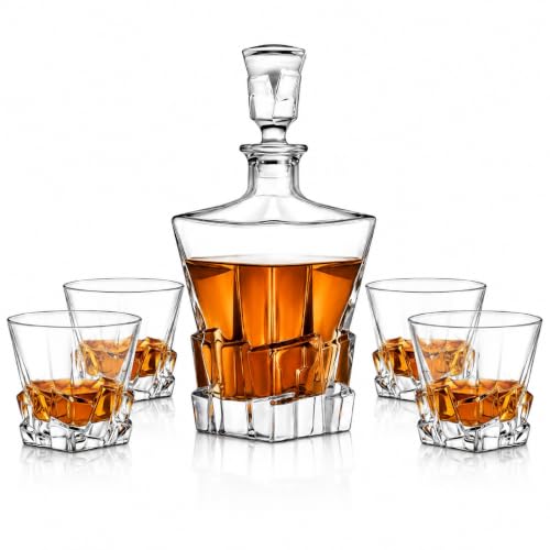 NutriChef Home Bar Whiskey Decanter Set, Glass Decanter with Four 800ml Whiskey Glasses, Elegantly Styled with Real Crystal for Maximum Flavor and Shelf Life, Naturally Aerates, Dishwasher Safe