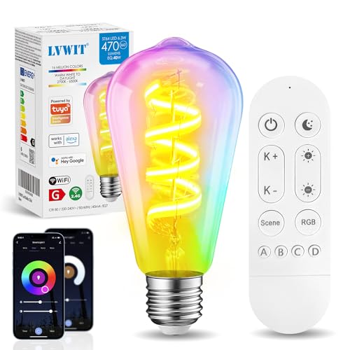 LVWIT Lampadine Alexa Vintage lampadina Smart Retrò Edison 470Lm,Lampadine wifi E27,Smart Bulb 6.3W Equivalenti a 40W,lampadina intelligente RGB,Luce Alexa,Controllo Telecomando e App, 1 Unità