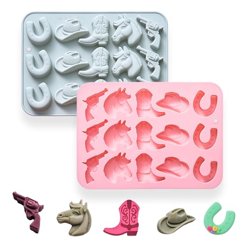 2 Pcs Cowboy Chocolate Silicone Molds, 15 Cavity Western Theme Cowboy Horse Boots Hat Molds Non-Stick Baking Molds for DIY Candy, Gummy, Ice Cubes, Jelly