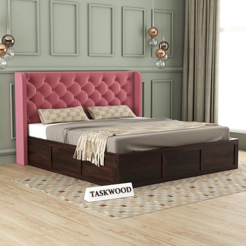 Image of Solid Sheesham Wood Queen Size Bed with Storage | Wooden Double Bed Cot Bed with Box Storage & Velvet Upholstered Cushioned Headboard for Bedroom (Walnut A, Queen)