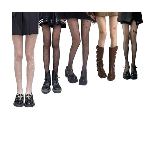 Image of 5Pcs Fashion Love Hearts Pattern Fishnets Tights Stockings and Vintage Butterfly Printed See Through Pantyhose Leggings Sexy Sheer Thin Silk Tights Stockings