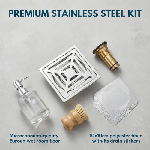 UHETLET Floor Drain Stainless Steel Drain Strainer Floor Drain with Frame 10 x 10 cm Square Drain Grid with 10 Pieces Drain Strainer Sticker Drain Cover for Shower Bath Kitchen Sink — view 3