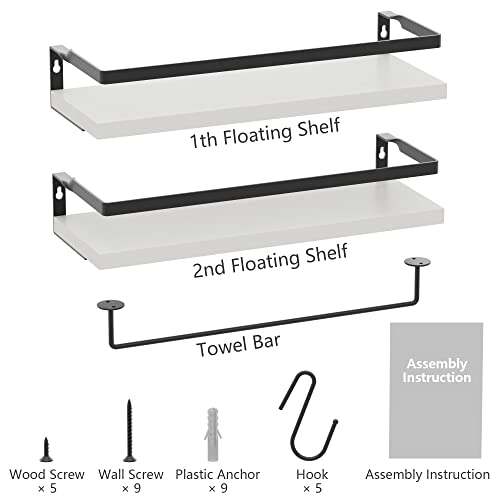 Mzf Home Decor Floating Shelves, Wall Shelves With Towel Bar/Hooks, Bathroom Wall Decor, Floating Shelves Wood For Bathroom/Living Room/Kitchen/Bedroom,(Black-White) Floating Bathroom Shelves #TOP6