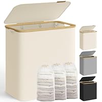 SONGMICS Wäschekorb mit Deckel, Wäschesammler mit 3 Fächern, 150 L, herausnehmbarer Wäschesack, Oxford-Gewebe, Griffe aus Bambus, zusammenklappbar, 60 x 38,5 x 70,5 cm, cremeweiß LCB515W01