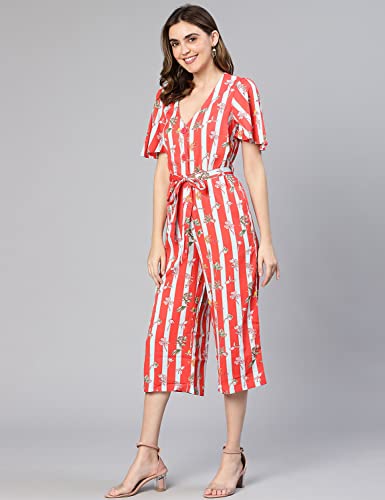 Image of oxolloxo Women Stripe & Floral Print Tie-Knotted Polyester Jumpsuit