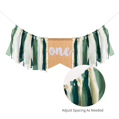 Image of Wild Safari Jungle Highchair Banner for 1st Birthday Decorations - Dark Green Burlap Banner with Adjustable Twine, Cake Smash Photo Props, Woodland Theme Party Decor for Boys & Girls