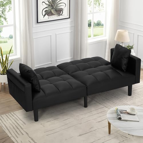 AVAWING Futon Sofa Bed, Modern Leather Convertible Upholstered Sleeper Couch with Adjustable Back, Arms and High Strength Nylon Legs for Living Room, Apartment, Office (Black)