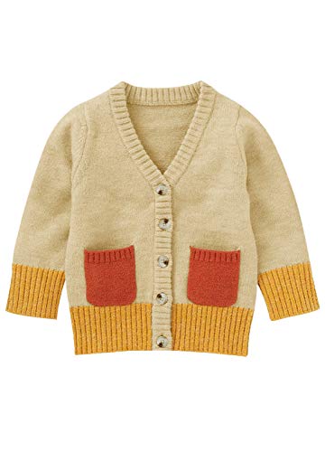 Makkrom Toddlers Baby Boys Girls Button Up Cardigan Sweaters V-Neck Color Block Knit Winter Warm Outwear Beige