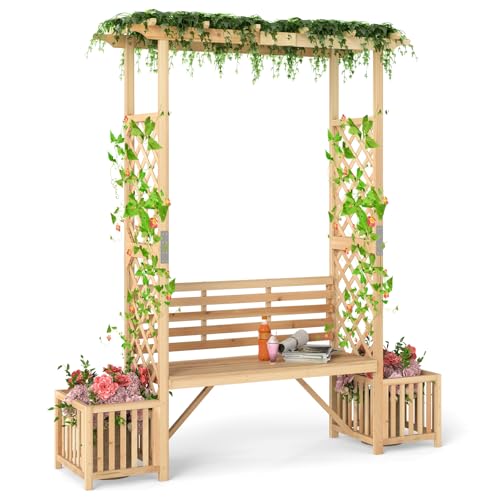 HOMASIS Gartenbogen mit Bank, Rosenbogen Holz mit 2 Pflanzkübel, 2-Sitzer Gartenbank mit Rankgitter für Kletterpflanzen, Sitzbank mit Rankhilfe, Torbogen Spalier Pergola 185x56x203cm, Natur HOMASIS Gartenbogen mit Bank, Rosenbogen Holz mit 2 Pflanzkübel, 2-Sitzer Gartenbank mit Rankgitter für Kletterpflanzen, Sitzbank mit Rankhilfe, Torbogen Spalier Pergola 185x56x203cm, Natur