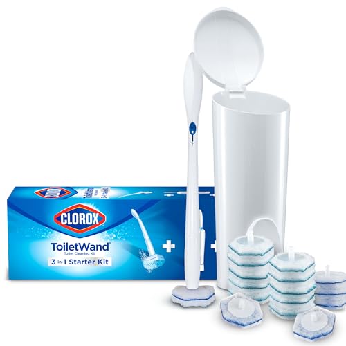 Clorox Szczotka do czyszczenia muszli klozetowej – szczotka do toalety, pojemnik do przechowywania i 16 głowic do dezynfekcji