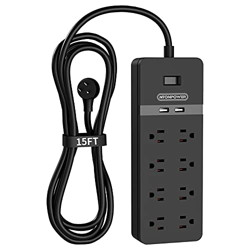 Extensión NTONPOWER con 8 tomas y 2 puertos USB, protección contra sobrecarga, cable de 4.57 m, 1875W, color negro miniatura 1